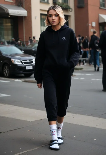 scksnsndls, birksonsocks, gwen_stacy, solo, outdoor, city, standing, socks, full_body, realistic, dunamic_pose, walking