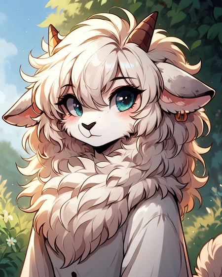score 9, score 8 up, 1girl, masterpiece, <lora:MegaFluffyPony:1> megafluffypony, fluffy, furry, Sheep, medium shot, outdoors, clothes