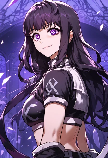zPDXL3, score_9_up, score_8_up, score_7_up, (Anime_source), 1girl, Sinka, purple eyes, black hair, long hair, Sinka clothes, midriff, looking at viewer, smile, closed mouth, upper body, (looking back)