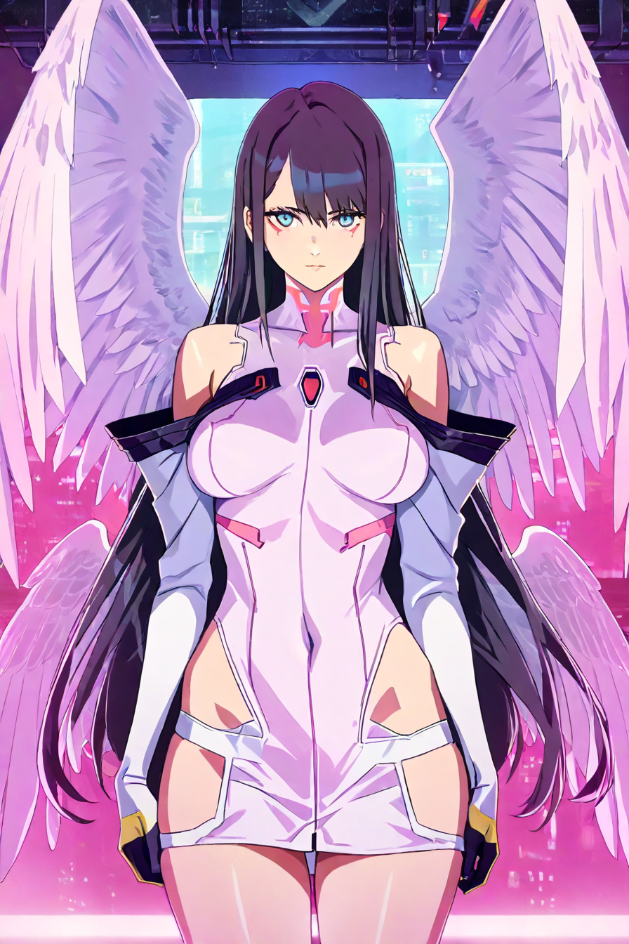 <lora:Misa_Suzuhara_Pony:0.4> , misa suzuhara, long hair, black hair, very long hair, hair between eyes, perky breast, gloves, dress, detached sleeves, white dress, covered navel, wings, angel wings, angel, multiple wings, symmetrical angel wings, 1girl, solo, alone, <lora:cyberpunk_edgerunners_style_illustriousXL:1>, cyberpunk_edgerunners_style, masterpiece, highres