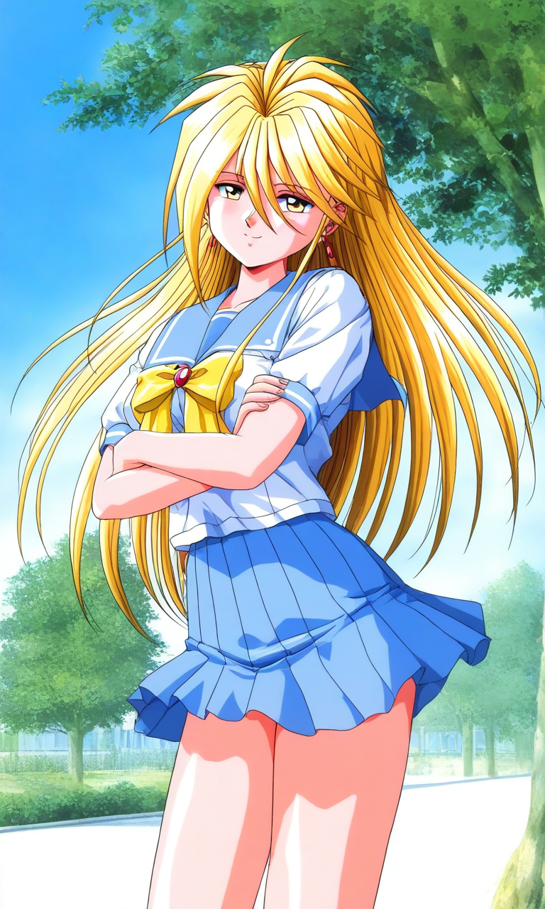 general,highres, ultra-detailed,very aesthetic,best quality ,best hands, BREAK <lora:Ijuuin_Rei_Tokimeki_Memorial_IS:1>
Ijuuin_Rei(Tokimeki_Memorial), 1girl, solo, blonde hair, yellow eyes, hair between eyes, breasts, 
long hair, breasts, smile, cool face, cross arms. blue school uniform, serafuku, jewelry,
 yellow bow, Yellow bow, blue skirt, blue sailor collar, white shirt, pleated skirt, short sleeves, outdoor, tree, sky,
