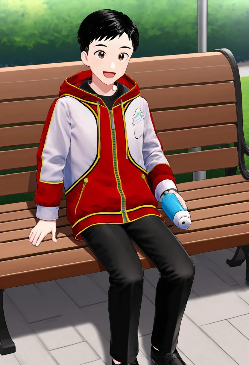harmard, black hair, short hair, brown eyes, 1boy, (solo:1.20), solo focus, red_white_jacket, black pants, at park, happy expression, sit on bench, holding a robot toy