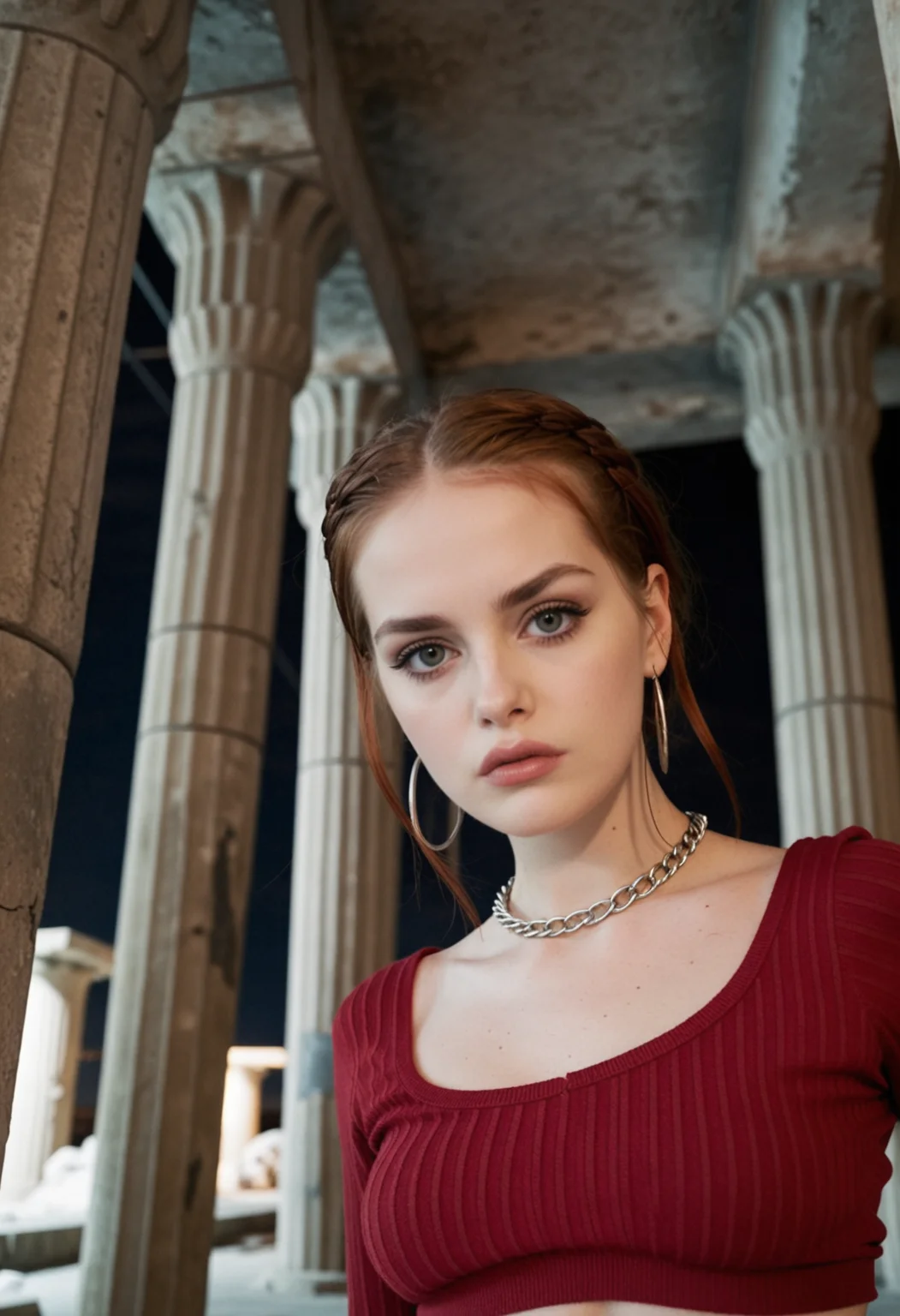Pinhole low-angle picture featuring thin scottish 1girl, 20yo, with blue eyes performing a victorious ballet motion. She has a fiery red braided hairstyle with dark roots and intense red makeup. She is wearing a layered cotton crop sweater with cotton bikini jeans in a vertical stripes design, completed by strappy open sandals with metal accents. The outfit is topped off with earrings and a necklace. Set within an otherworldly brutalist temple deep underground, with free view of the surrounding rocky desert as the structure has no walls as well as impressive pillars made of rebar, on a dark clear summer midnight. With harsh loop lighting, realistic, bokeh, best quality, dynamic <lora:dmd2_sdxl_4step_lora>