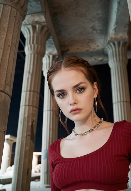Pinhole low-angle picture featuring thin scottish 1girl, 20yo, with blue eyes performing a victorious ballet motion. She has a fiery red braided hairstyle with dark roots and intense red makeup. She is wearing a layered cotton crop sweater with cotton bikini jeans in a vertical stripes design, completed by strappy open sandals with metal accents. The outfit is topped off with earrings and a necklace. Set within an otherworldly brutalist temple deep underground, with free view of the surrounding rocky desert as the structure has no walls as well as impressive pillars made of rebar, on a dark clear summer midnight. With harsh loop lighting, realistic, bokeh, best quality, dynamic <lora:dmd2_sdxl_4step_lora>