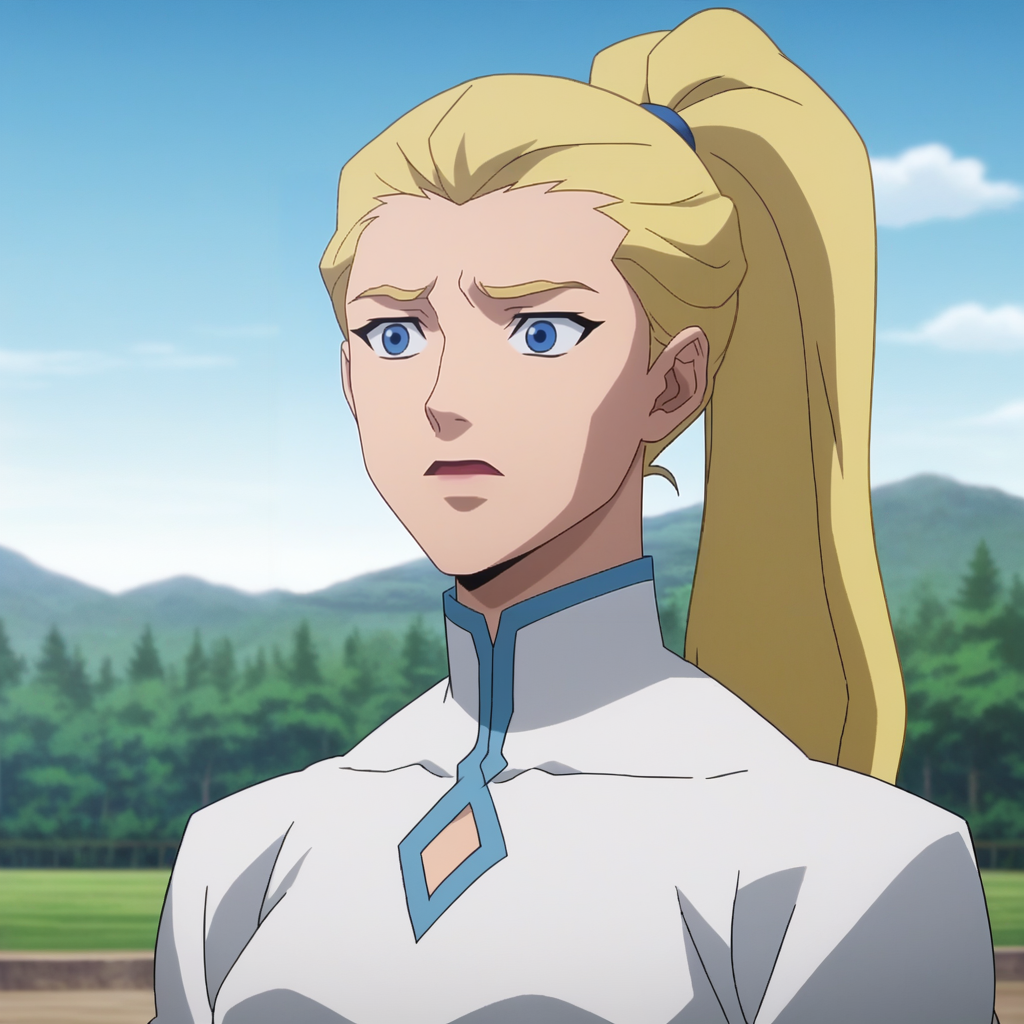 Ugly score_9_up, score_8_up, BREAK, DCAMU, 1girl, solo, blonde hair, high ponytail, blue eyes, white dress, upper body,  <lora:DCAMU_Style_PXL_Leaf1:1>, outdoors, blue sky, anime screenshot,