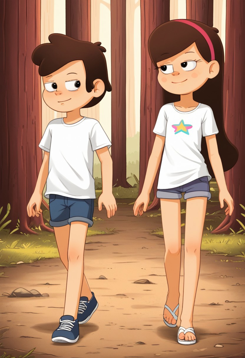 Well drawn, bold outline,
2d, vector, line, detailed, perfect hands,
Couple, siblings, gravity falls,
Mabel Pines, shorty, undersized, thin, petite, eyelashes, brown hair, long hair, pink hairband,
Dipper Pines, shorty, brown hair, short hair, 
Boy in denim shorts, white shirt and blue sneakers,
Girl in white sundress and white sandals,
Couple walking through forest, 
,