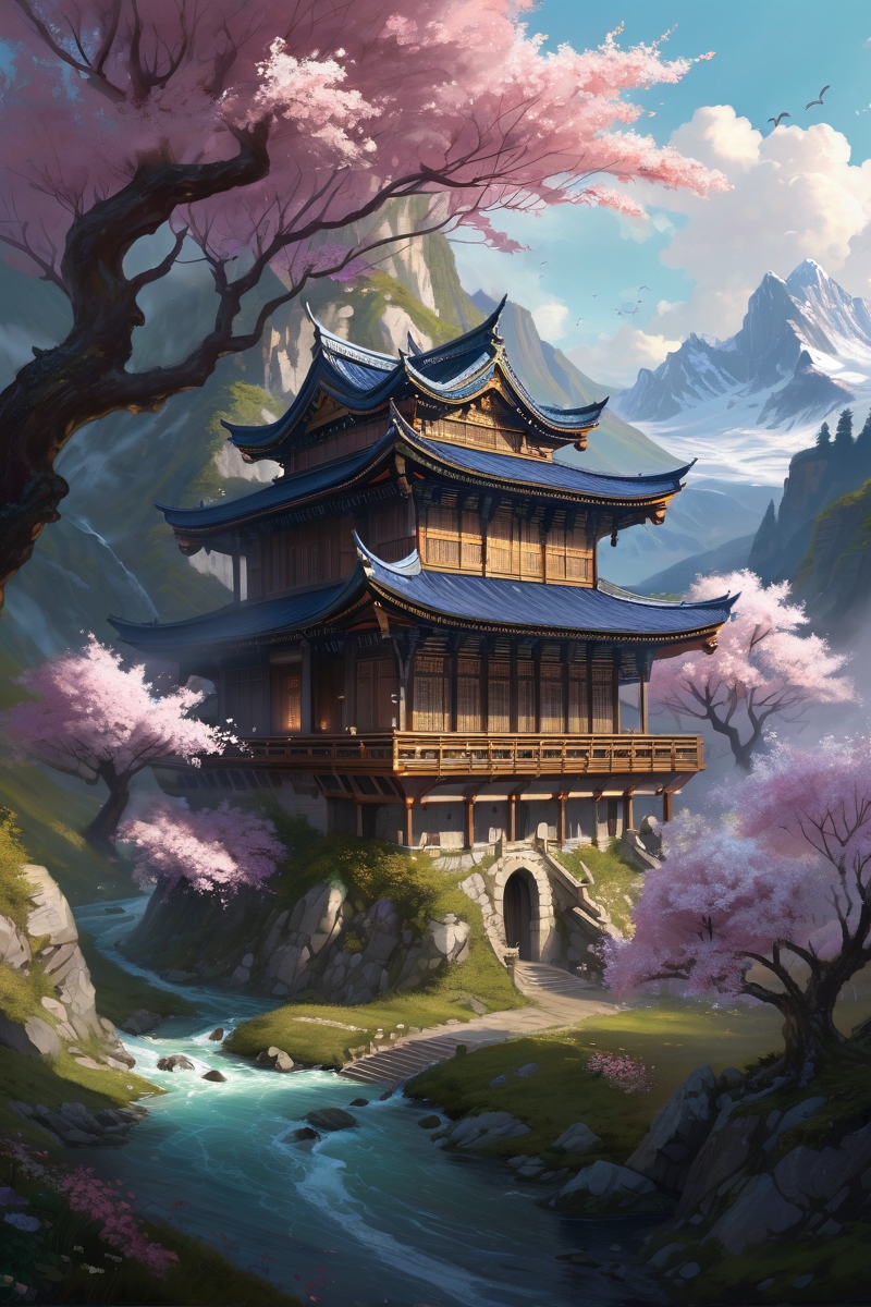 blossoming sakura forest with tea house ,crystalline highlands where mountain-sized elementals slumber, the peaks pierced by floating citadel chains, river,  dusk,weather sticky outdoors cinematic view, epic sky, detailed, concept art, low angle, high detail, warm lighting, volumetric, godrays, vivid, beautiful, trending on artstation, by Charlie Bowater, huge scene, grass,flower, art greg rutkowski,
