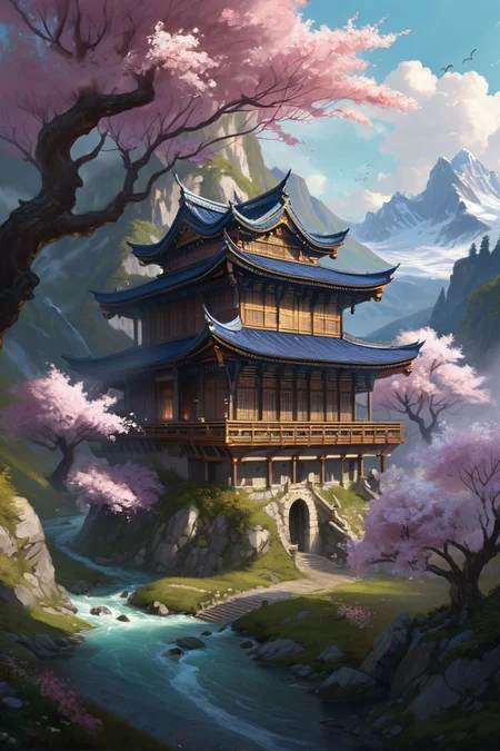 blossoming sakura forest with tea house ,crystalline highlands where mountain-sized elementals slumber, the peaks pierced by floating citadel chains, river, dusk,weather sticky outdoors cinematic view, epic sky, detailed, concept art, low angle, high detail, warm lighting, volumetric, godrays, vivid, beautiful, trending on artstation, by Charlie Bowater, huge scene, grass,flower, art greg rutkowski,