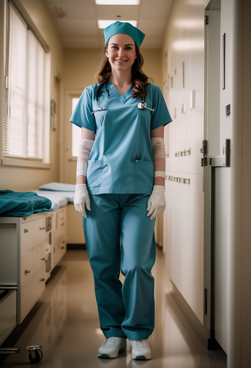 (medium full shot) of (attractive nurse) young woman, busty build, medium dark hair, canadian, pale skin, blue eyes, wearing a nurse cap, long sleeve blouse, straight-leg scrub pants, orthopedic shoes, latex gloves, set in  Psychiatric Ward bedroom, Minimalist decor, sturdy furniture, unbreakable fixtures, locked cabinets, calming colors, observation windows , at sunset, woman smiling, detailed face, ,Masterpiece,best quality, raw photo, realistic, very aesthetic