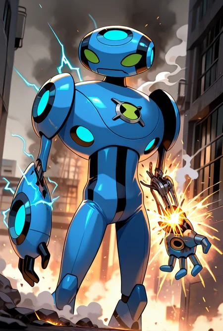 <lora:ulteco-10:1> ulteco, pokemon (creature),blue robot, green eyes, closed mouth, dark scene, missing left arm, damaged robot, <lora:damagedrobot_v27-noobxl_eps-08:1> missing arms, , broken arms electricity, sparks, smoke, alleyway background, ray tracing,, masterpiece, best quality, amazing quality, very aesthetic, absurdres, newest,