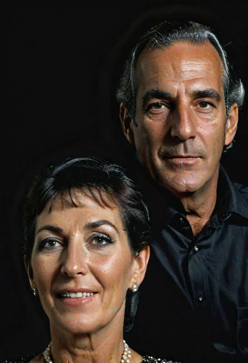 Olin Mills Style, Double Exposure, solid black background,  Photo, gazing off into the distance olin mills  portrait of Ghislaine  Maxwell and Jeffrey Epstein   , styled hair   intricate skin details , realism, hyper-realistic , skin pores, highly detailed realistic skin , high  definition, Masterpiece, Trending on Artstation, 4k, absurdres, intricate details, 4k, insane details , photo realistic ,