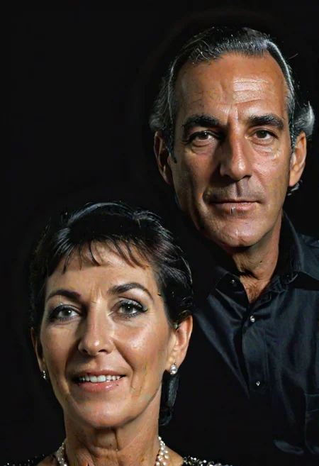 Olin Mills Style, Double Exposure, solid black background,  Photo, gazing off into the distance olin mills  portrait of Ghislaine  Maxwell and Jeffrey Epstein   , styled hair   intricate skin details , realism, hyper-realistic , skin pores, highly detailed realistic skin , high  definition, Masterpiece, Trending on Artstation, 4k, absurdres, intricate details, 4k, insane details , photo realistic ,