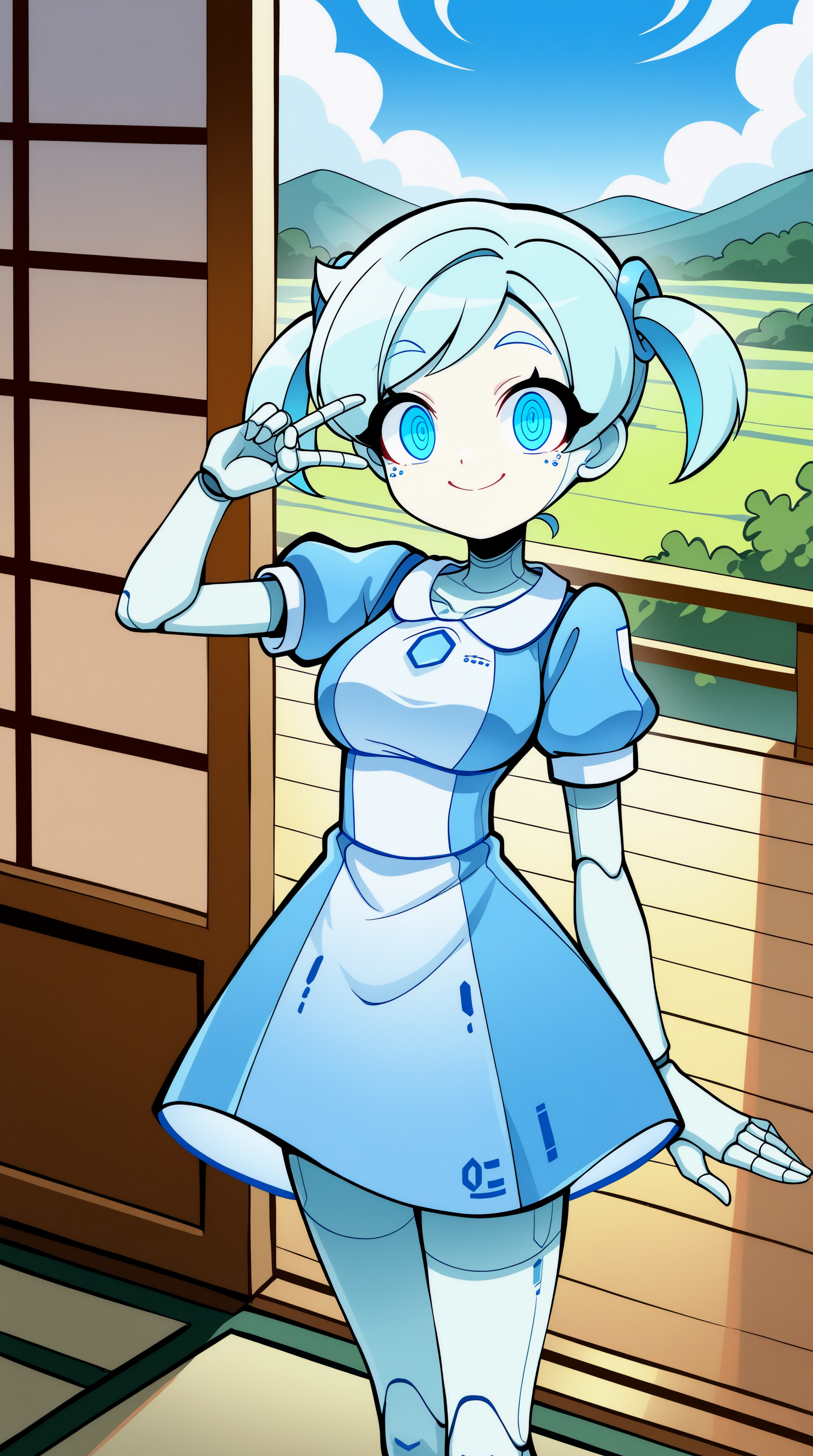 masterpiece, best quality, amazing quality, aesthetic,  absurdres, best quality, 4k, upscale, indoors, tatami, sky, landscape, dynamic pose, Robo-Alice, , robot, humanoid robot,  1girl, colored skin, v, solo, android, joints, smile, robot joints, twintails, short twintails, dress, blue eyes, ringed eyes, looking at viewer, blue hair, standing, breasts, closed mouth, blue dress,   <lora:Robo-Alice_IL:0.8>