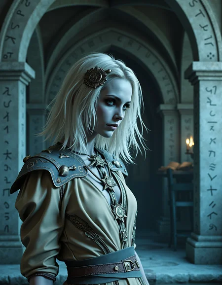 zavy-lch,Close-up shot from a low angle, a pale white young woman lich with medium-length flowing hair wearing tattered elegant robes and ethereal jewelry, standing in a dimly lit ancient stone chamber adorned with mystical runes, cinematic style with high contrast and dramatic lighting, predominantly cool colors with hints of deep blues and silvers.