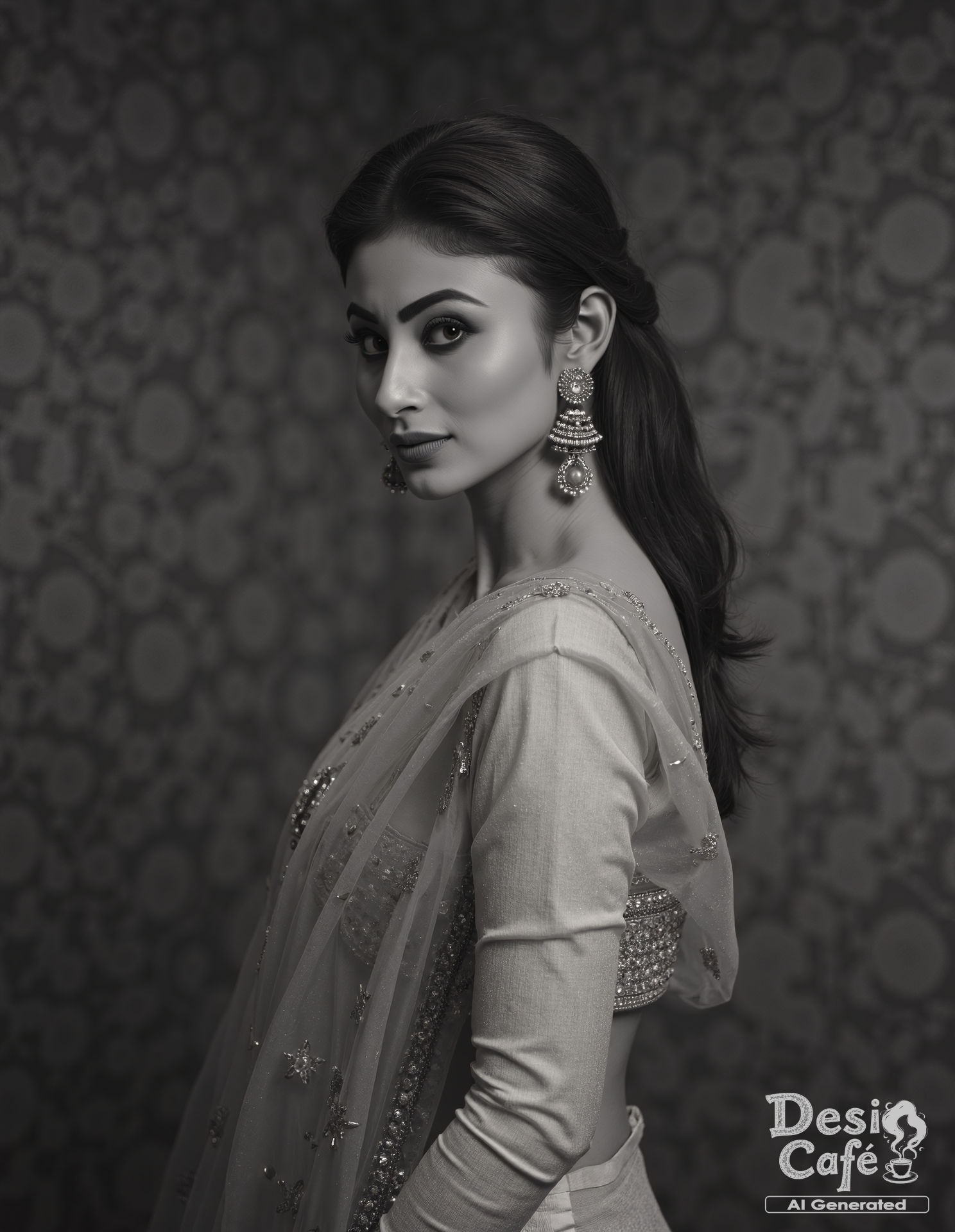 vintage greyscale photo of  mouni roy woman, hyper realistic photo that is safe for work, shy smile, studio quality image, well dressed wearing intricate long sleevedPants_kurta, hair styled as high ponytail,muted shaded wallpaper background that contrasts with the person, cinematic lighting,âââââ  <lora:Mouni_Roy_2024_Flux_Kohya_LoRA_v1:1>âââ