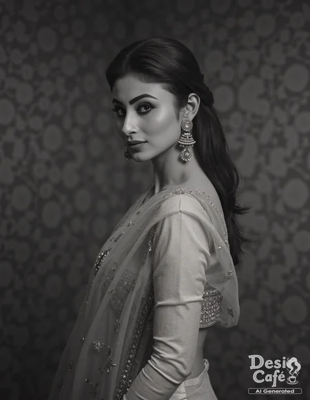 vintage greyscale photo of mouni roy woman, hyper realistic photo that is safe for work, shy smile, studio quality image, well dressed wearing intricate long sleevedPants_kurta, hair styled as high ponytail,muted shaded wallpaper background that contrasts with the person, cinematic lighting,âââââ <lora:Mouni_Roy_2024_Flux_Kohya_LoRA_v1:1>âââ