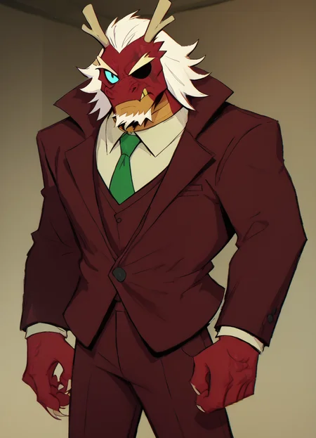 <lora:BruceTMNT2.1:0.9>bruce, eyepatch, red skin, white hair, scar across eye, thick eyebrows, demon, demon horns, 1boy, beard, red gangster suit, blue eyes, green necktie, collared shirt,pants, score_9, score_8_up, score_7_up, score_6_up, score_5_up, score_4_up, looking at viewer, cowboy shot,