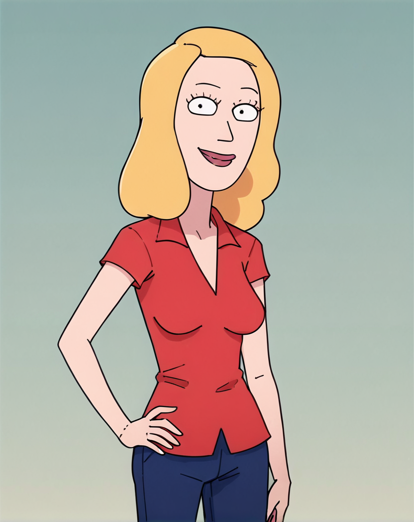 beth, 1girl, blonde hair, solo, red shirt, breasts, blue pants, standing, smile, score_9, score_8_up, score_7_up, score_6_up, score_5_up, score_4_up, looking at viewer, hand on own hip, cowboy shot,simple background,  <lora:BethSmithPony1.0:1>