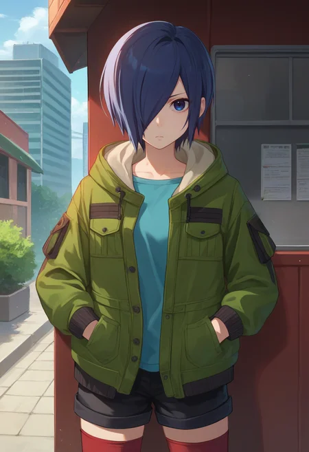 score_9, score_8_up, score_7_up, source_anime, solo, 1girl, kirishima touka, expressionless, looking at viewer, standing, hand in pocket, blue hair, hair over one eye, blue eyes, green jacket, open jacket, blue shirt, hood, black shorts, red thighhighs, outdoors, bridge <lora:tokyoghoul_kirishima_ponyXL:1>