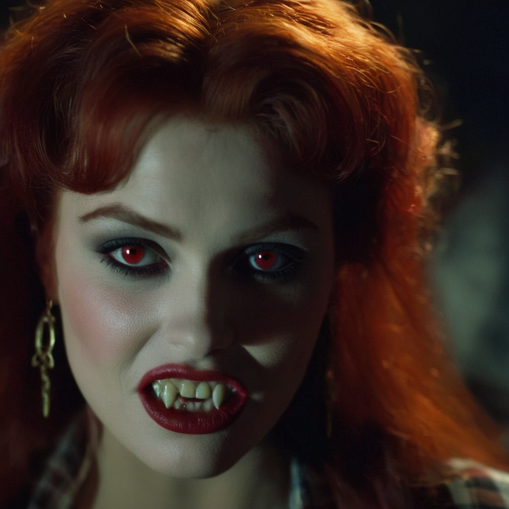 cinematic film still of  <lora:vampire fangs teeth 2:1.2>
frank frazetta painting of a  Female Vampire a vampire woman with red hair and a plaid shirt and Vampire Fangs Teeth staring at camera with a spot light on behind in back, shallow depth of field, vignette, highly detailed, high budget, bokeh, cinemascope, moody, epic, gorgeous, film grain, grainy