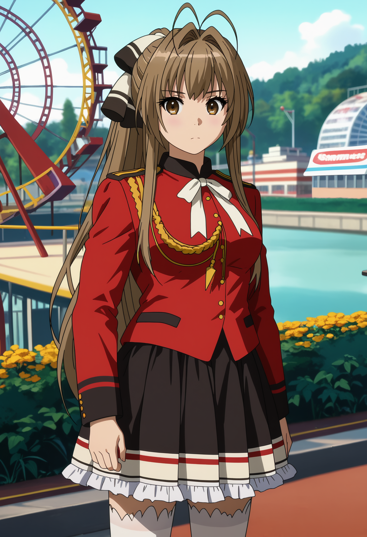 score_7_up, anime screencap,
<lora:AmagiBrilliantPark_SentoIsuzuXL:0.9>,
1girl, solo, closed mouth,
long hair, ponytail, brown hair, antenna hair, hair intakes, brown eyes, hair bow,
SentoUniform, red jacket, epaulettes, aiguillette, neck ribbon, white ribbon, long sleeves, multicolored skirt, frilled skirt, black skirt, white thighhighs,
standing, looking at viewer,
blurry background, outdoors, amusement park, ferris wheel