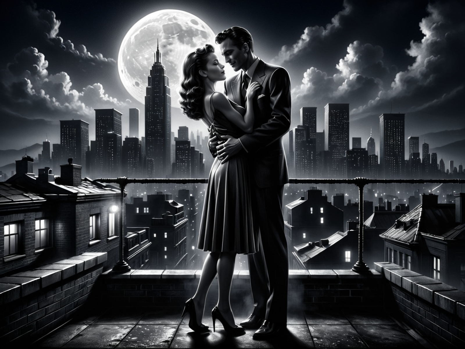 man and woman embracing, rooftop, cityskyline in the background, 1940, noir, night, moon<lora:Sin_City_Movie_Style_SDXL:0.8> mad-sincity, (masterpiece:1.2), best quality, (hyperdetailed, highest detailed:1.2), high resolution textures