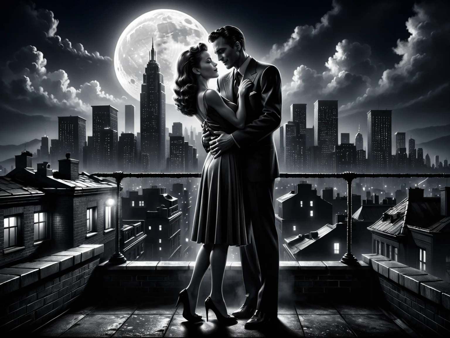 man and woman embracing, rooftop, cityskyline in the background, 1940, noir, night, moon<lora:Sin_City_Movie_Style_SDXL:0.8> mad-sincity, (masterpiece:1.2), best quality, (hyperdetailed, highest detailed:1.2), high resolution textures