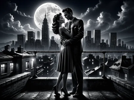 man and woman embracing, rooftop, cityskyline in the background, 1940, noir, night, moon<lora:Sin_City_Movie_Style_SDXL:0.8> mad-sincity, (masterpiece:1.2), best quality, (hyperdetailed, highest detailed:1.2), high resolution textures
