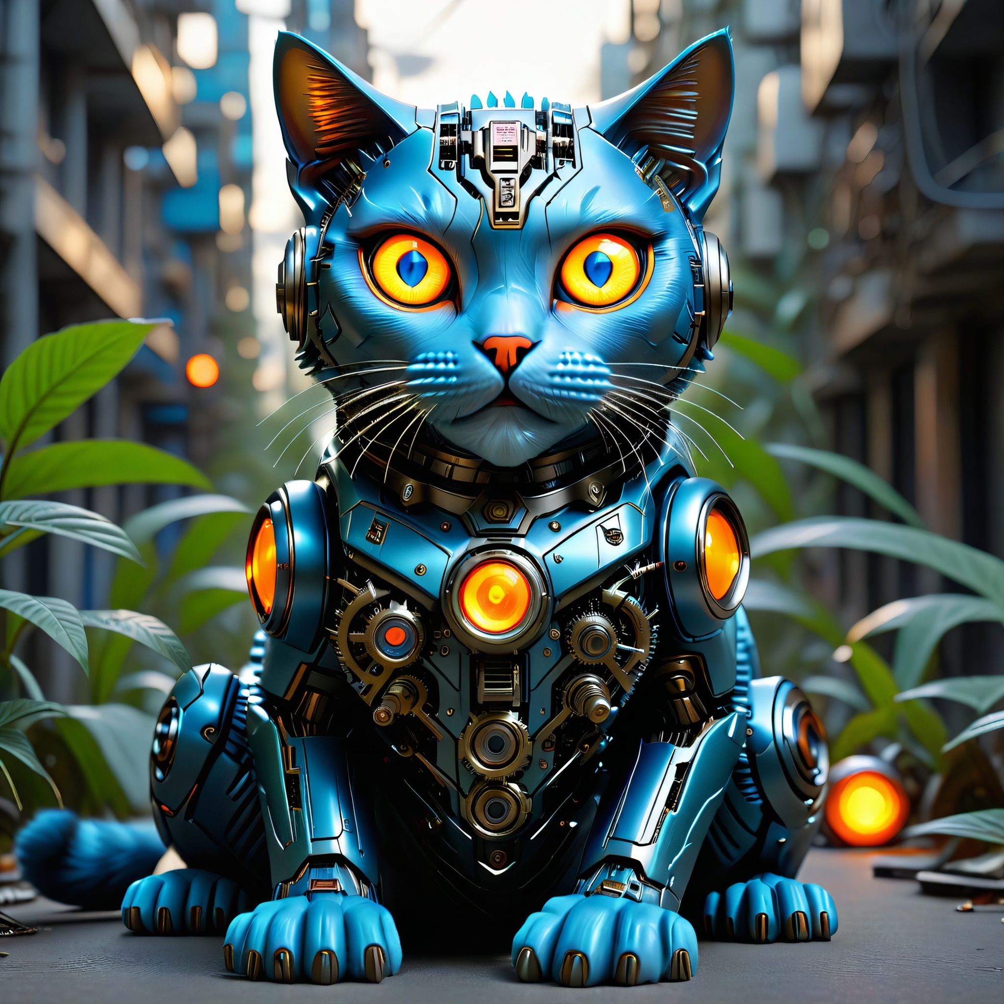 sitting hybrid full bio-mechanical cat with blue plastic fur and orange glowing camera eyes in the streets of a futuristic mega city in the jungle