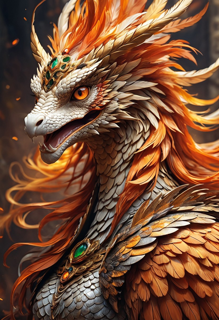 (masterpiece, best quality, stunning, highly detailed, close-up view of a medusa-phoenix hybrid creature, (intricate feathers, detailed scales, detailed snake-like hair, fiery feathers), dramatic lighting, HDR, (mythical, fantasy), oil painting), legendary creature, trending on artstation