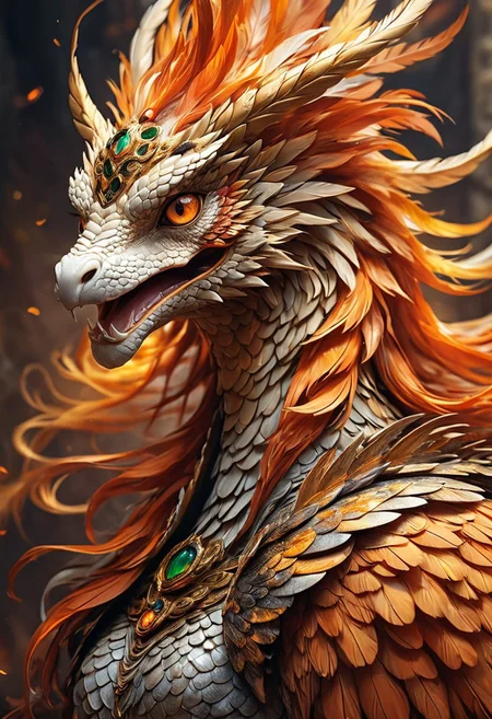 (masterpiece, best quality, stunning, highly detailed, close-up view of a medusa-phoenix hybrid creature, (intricate feathers, detailed scales, detailed snake-like hair, fiery feathers), dramatic lighting, HDR, (mythical, fantasy), oil painting), legendary creature, trending on artstation