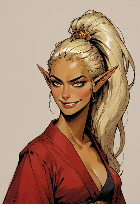 source_anime, traditional art, lineart, rating_safe, zPDXL, 4k quality, masterpiece):1.4),( best quality:1.1)(1girl, mature and imposing, bright blonde hair, golden hair, long hair, long ponytail, ponytail, elf, (((asian)), goldencolored skin, golden skin color, clear golden eyes, ((tanned skin)), (sunbathed skin)), ((sunny skin tone)) latina skin, latina skin color,, slim face, thin face, evil grin, arrogant, smirk, curvy, medium breasts, closed mouth, evil, evil grin, red toga, modest clothing, elegant clothing, kimono, red toga, red kimono, orian)
Show less<lora:Fant5yP0ny:0.6> <lora:fantasy_world_pony:0.9>
<lora:Cherry-Gig:0.55>