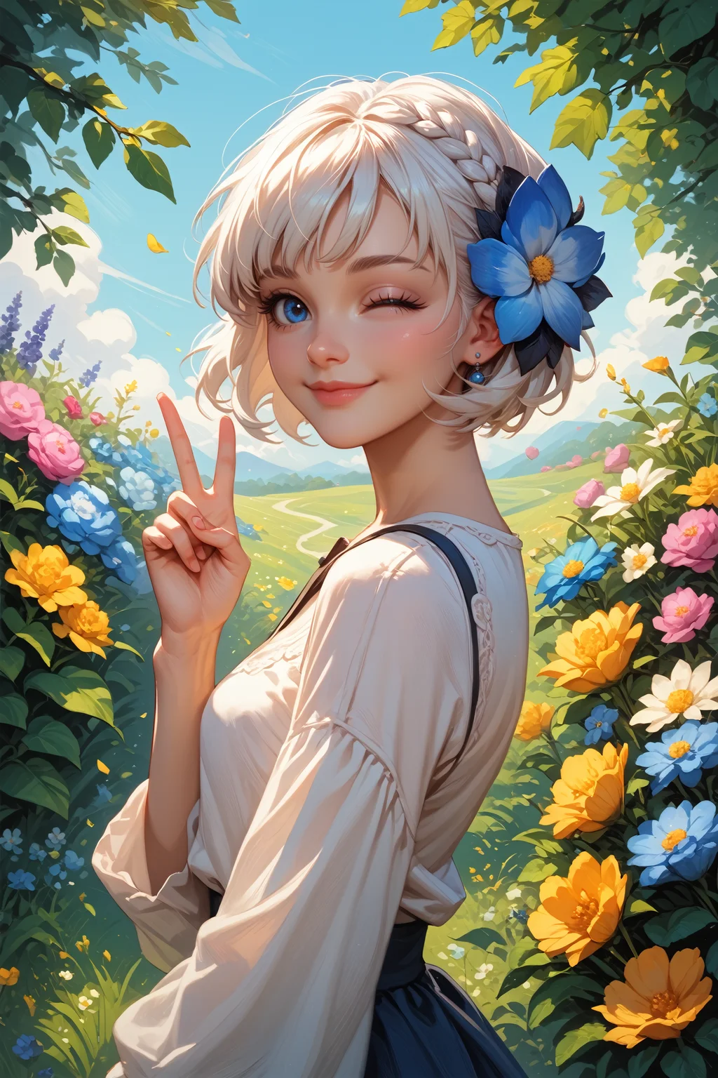 score_9, score_8_up, score_7_up,
<lora:OdinSphereGwendolyn:0.8>
OdinSphereGwendolyn, 1girl, white hair, short hair, blue eyes, hair ornament, looking at viewer, from side, wink, happy, smile, closed mouth, peace sign, flowers, meadow