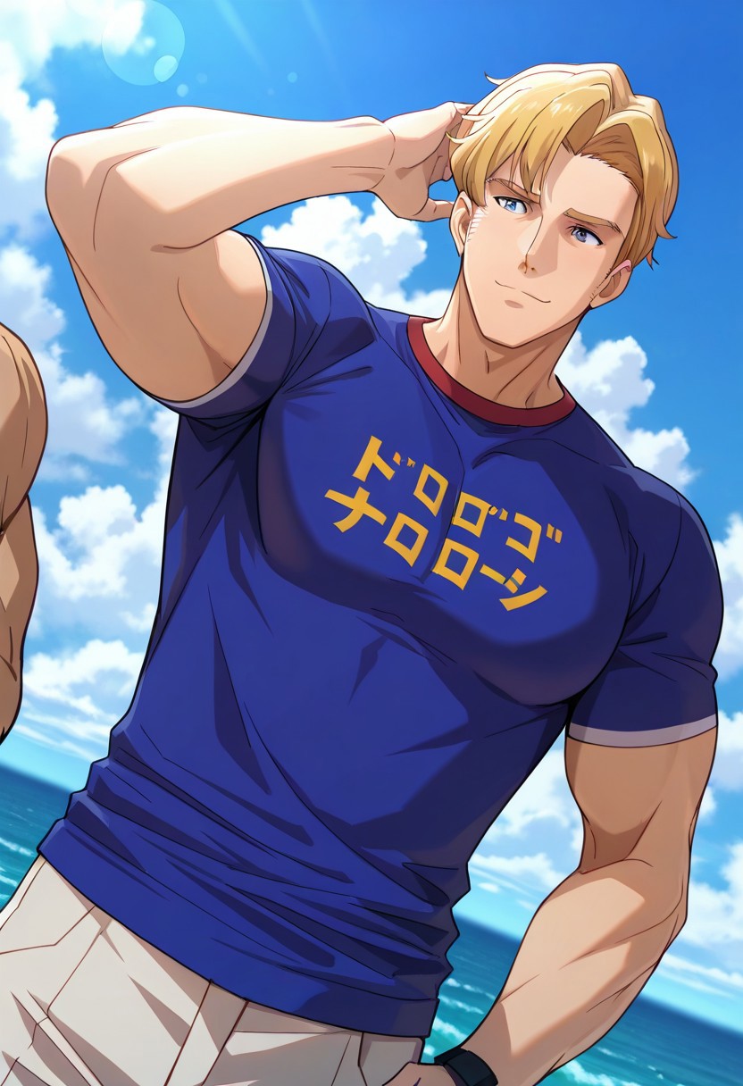 safe_pos, safe_pos, score_9, score_8_up, score_7_up, score_6_up, perfect anatomy, perfect proportions, best quality, masterpiece, high_resolution, high quality, best aesthetic, incredibly absurdres, highres, extremely detailed, huge filesize, solo male, adult, mature, masculine, manly, handsome, charming, alluring, seductive, heroic, standing, upper body, dutch angle, cowboy shot, perfect face, perfect eyes, source_anime, anime coloring, BBBSmith, Lewis Smith \(Brave Bang Bravern\), blue eyes, BBBSmith_hairstyle01, blond hair, short hair, BBBSmith_outfit07, (kataka t-shirt, blue t-shirt, blue t-shirt that says "トリコロール":1.3), short sleeves, , low angle, cinematic still, emotional, harmonious, vignette, bokeh, cinemascope, moody, epic, gorgeous, outdoor, sky, day, ocean, (from front, front view)