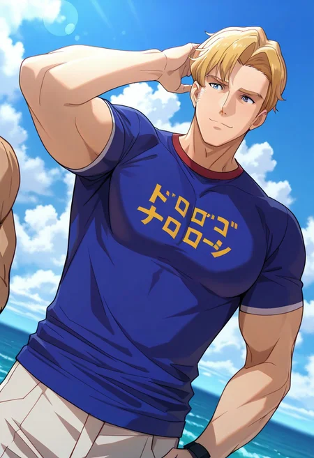 safe_pos, safe_pos, score_9, score_8_up, score_7_up, score_6_up, perfect anatomy, perfect proportions, best quality, masterpiece, high_resolution, high quality, best aesthetic, incredibly absurdres, highres, extremely detailed, huge filesize, solo male, adult, mature, masculine, manly, handsome, charming, alluring, seductive, heroic, standing, upper body, dutch angle, cowboy shot, perfect face, perfect eyes, source_anime, anime coloring, BBBSmith, Lewis Smith \(Brave Bang Bravern\), blue eyes, BBBSmith_hairstyle01, blond hair, short hair, BBBSmith_outfit07, (kataka t-shirt, blue t-shirt, blue t-shirt that says "トリコロール":1.3), short sleeves, , low angle, cinematic still, emotional, harmonious, vignette, bokeh, cinemascope, moody, epic, gorgeous, outdoor, sky, day, ocean, (from front, front view)
