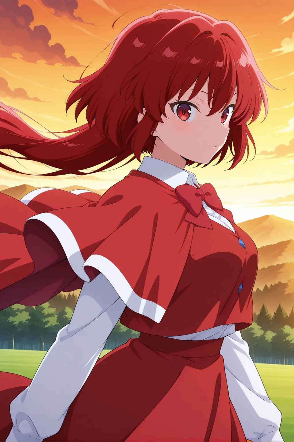 absurdres, highres, masterpiece, best quality, amazing quality, official anime artwork, screencap, anime screencap, outdoors, looking at viewer, dynamic pose, floating hair, from the side,
<lora:Yumemi-Okazaki_Illustrious:1> okazaki yumemi, 1girl, solo, red eyes, red hair, long hair,, red bowtie, red capelet, red cape, white shirt, long sleeves, red vest, red skirt,