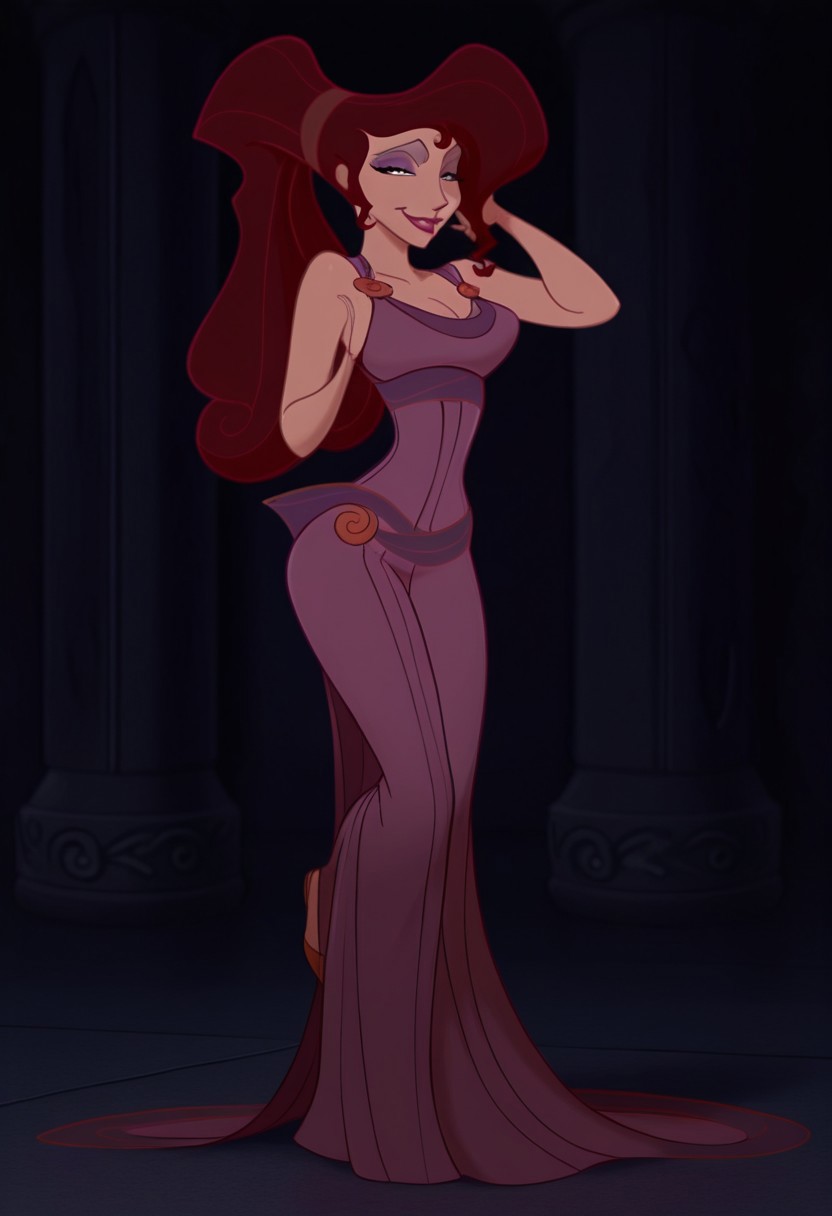 1girl, masterpiece, best quality, amazing quality, absurdres, <lora:Megara__Illustrious:1> m3g4r4, megara (hercules disney), long hair, tied hair, brown hair, purple eyes, purple Greek dress, cleavage, sexy makeup, lipstick, smiling, full body, flirtatious, seductive,