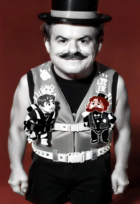 ((((((black and white,black shirt, belt, stubble, red theme, shorts, greyscale, 1boy, life vest)))))),((small man with mustache, top hat, kenbis, chibi, chibi, male only, male, male chibi, monocle, art deco, thick mustache, comically large mustache, handlebar mustache, tiny, multiple men, shrunk, microxl, some little guys, high angle, from above)), bwMovies, realistic, photo, vintage photo, ((very small man, small man, a small man, a man who is small, a small man)), an unapologetically small human male, black and white, smiling, very happy, euphoric, ecstatic, wonderful small men, large smile, huge smile