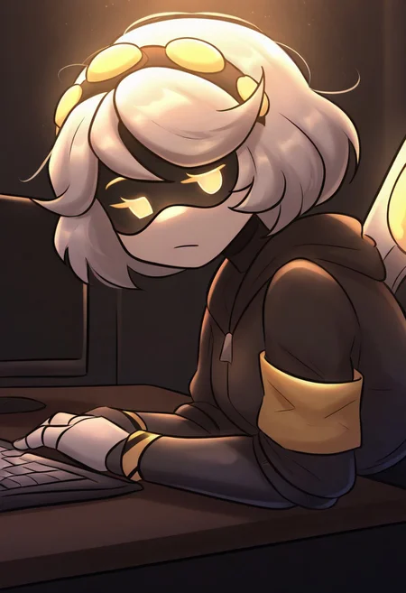(masterpiece, high quality, highly detailed, best quality), SD-V, 1girl, solo, robot girl, humanoid robot, robot joints, hairband, short white hair, yellow eyes, solid circle pupils,fur-trimmed black jacket, armband, mechanical wings,
hoodie, half-closed eyes, screen light, dark background, dark room, messy hair, indoors, bedroom, table, keyboard (computer), closed mouth, side view, looking at viewer, face to viewer