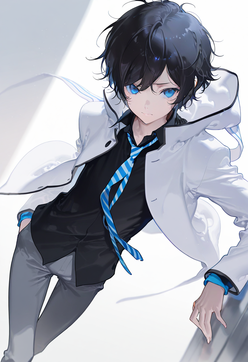 masterpiece,best quality,very aesthetic,absurdres,artist:rella,fajyobore,[[yoneyama mai]],[[ask (askzy)]],redum4,saihate (d3),miwano rag,[[[mignon]]], 
1boy, solo, male focus,
protagonist \(devil survivor 2\), black hair, short hair, blue eyes,
white jacket, hooded jacket, black shirt, striped necktie, grey pants,
school, no emotion,
 <lora:ds2_protagonist.ilxl:1> <lora:hand 5.5:1>
