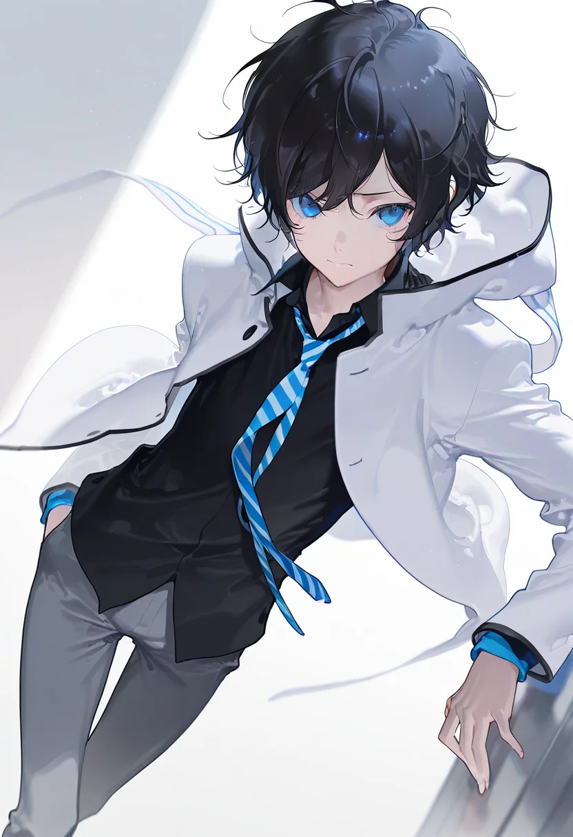 masterpiece,best quality,very aesthetic,absurdres,artist:rella,fajyobore,[[yoneyama mai]],[[ask (askzy)]],redum4,saihate (d3),miwano rag,[[[mignon]]], 
1boy, solo, male focus,
protagonist \(devil survivor 2\), black hair, short hair, blue eyes,
white jacket, hooded jacket, black shirt, striped necktie, grey pants,
school, no emotion,
 <lora:ds2_protagonist.ilxl:1> <lora:hand 5.5:1>