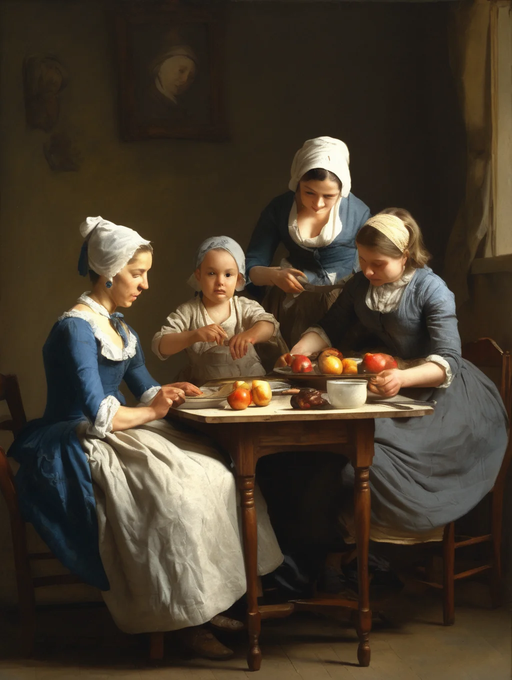 <lora:Jean-Baptiste-Simeon Chardin Style:1>Jean-Baptiste-Simeon Chardin Style - Five people were eating at the table. The woman on the right side of the table was facing the table, and turned her head to look behind her at the child, who was also staring at her on a lower stool. On the left side of the table were two women, a child, one woman standing, the other sitting with a baby in her arms,photography, masterpiece, best quality, 8K, HDR, highres, absurdres:1.2, Kodak portra 400, film grain, blurry background, bokeh:1.2, lens flare, (vibrant color:1.2), masterpiece, best quality,
