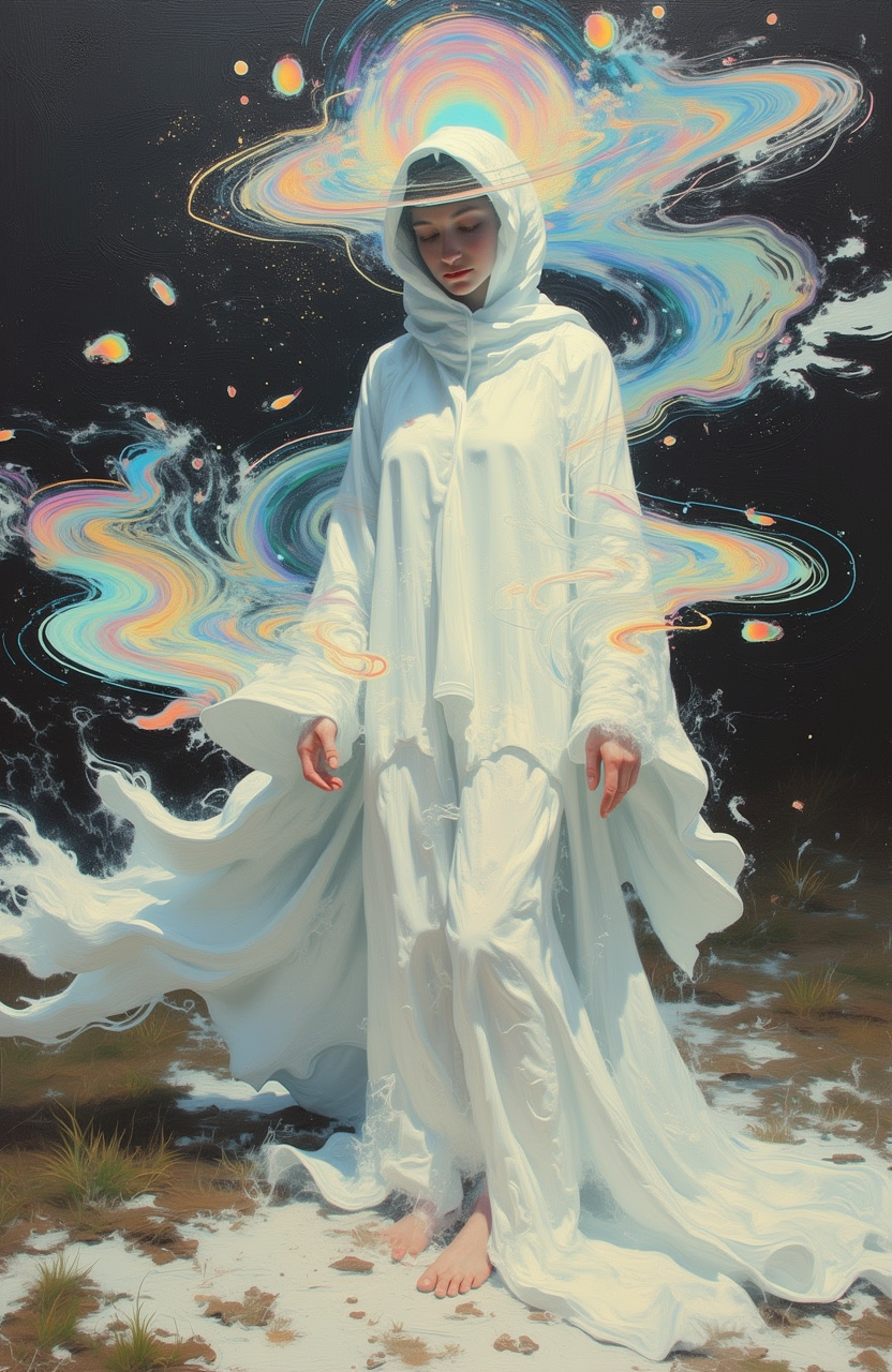 psycho_4rt, This is an artheon-style painting that merges the surreal with the abstract. The scene depicts a woman dressed in a loose, flowing white shroud, her figure blending into a dreamlike, shifting background of swirling patterns and shapes.