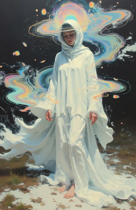 psycho_4rt, This is an artheon-style painting that merges the surreal with the abstract. The scene depicts a woman dressed in a loose, flowing white shroud, her figure blending into a dreamlike, shifting background of swirling patterns and shapes.