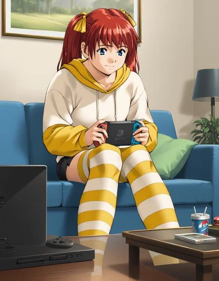 score_9, score_8_up, score_7_up, <lora:kisaku-v2-ponyxl-000010:0.85> sugimoto, hair ribbon, hoodie, raglan sleeves, black skirt, microskirt, yellow legwear, striped thighhighs
1girl, solo, playing games, nintendo switch, couch, living room, smile, looking down