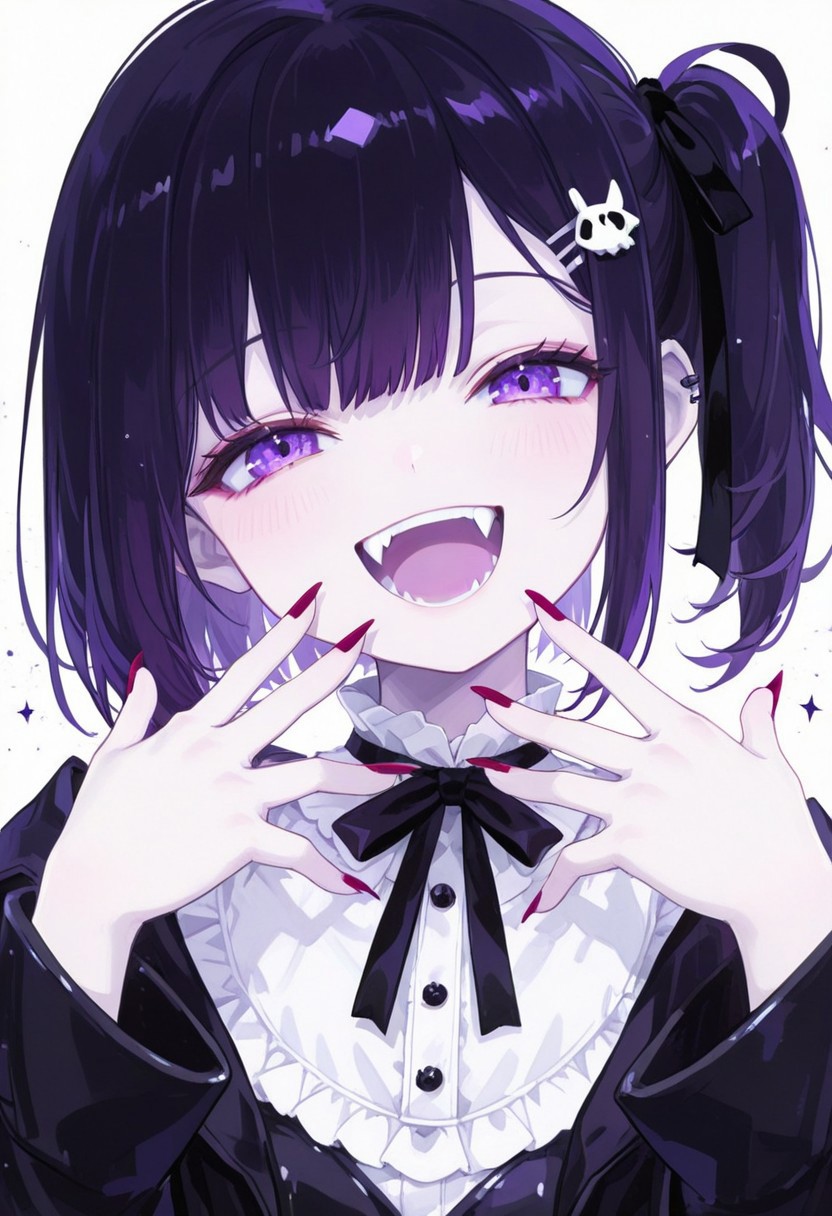 masterpiece, fantasy style, ultra detailed, vivid colors, cinematic lighting, 
BREAK
1girl, solo, anime style, half body, facing viewer, mischievous smile, sharp fangs, purple eyes, purple hair, side ponytail, bangs, hairclip, black ribbon, gothic outfit, white blouse, black coat, cute hands near mouth, laughing, pale skin, detailed eyes, soft shading, clean white background, digital art, high quality, masterpiece, best quality
BREAK
NEGATIVE_HANDS, perfecteyes, Forl
