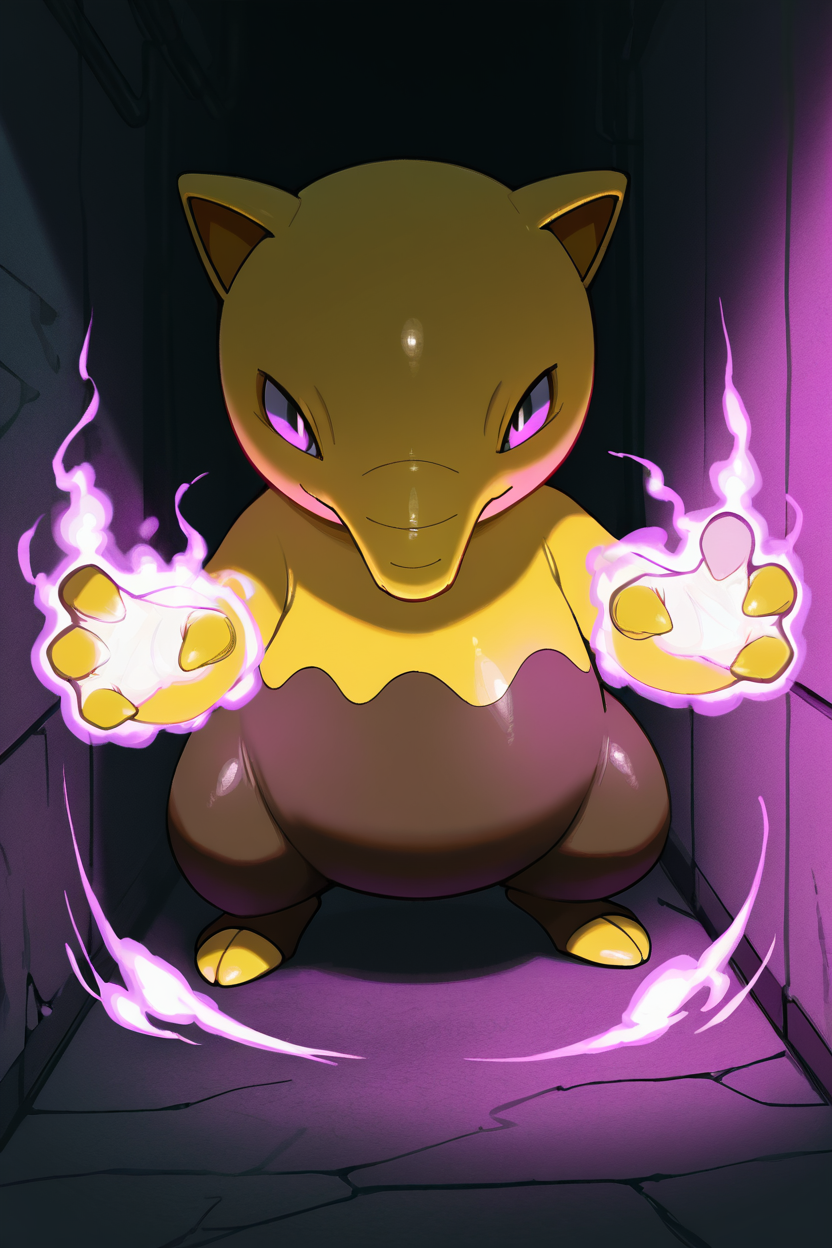 masterpiece, best quality,   <lora:DrowzeePokedexIXL:1.0>,   drowsee (pokemon), no humans, solo,   lurking in a dark alley, glowing psychic energy in hands, mysterious and eerie atmosphere, soft shadows and vibrant lighting, highly detailed