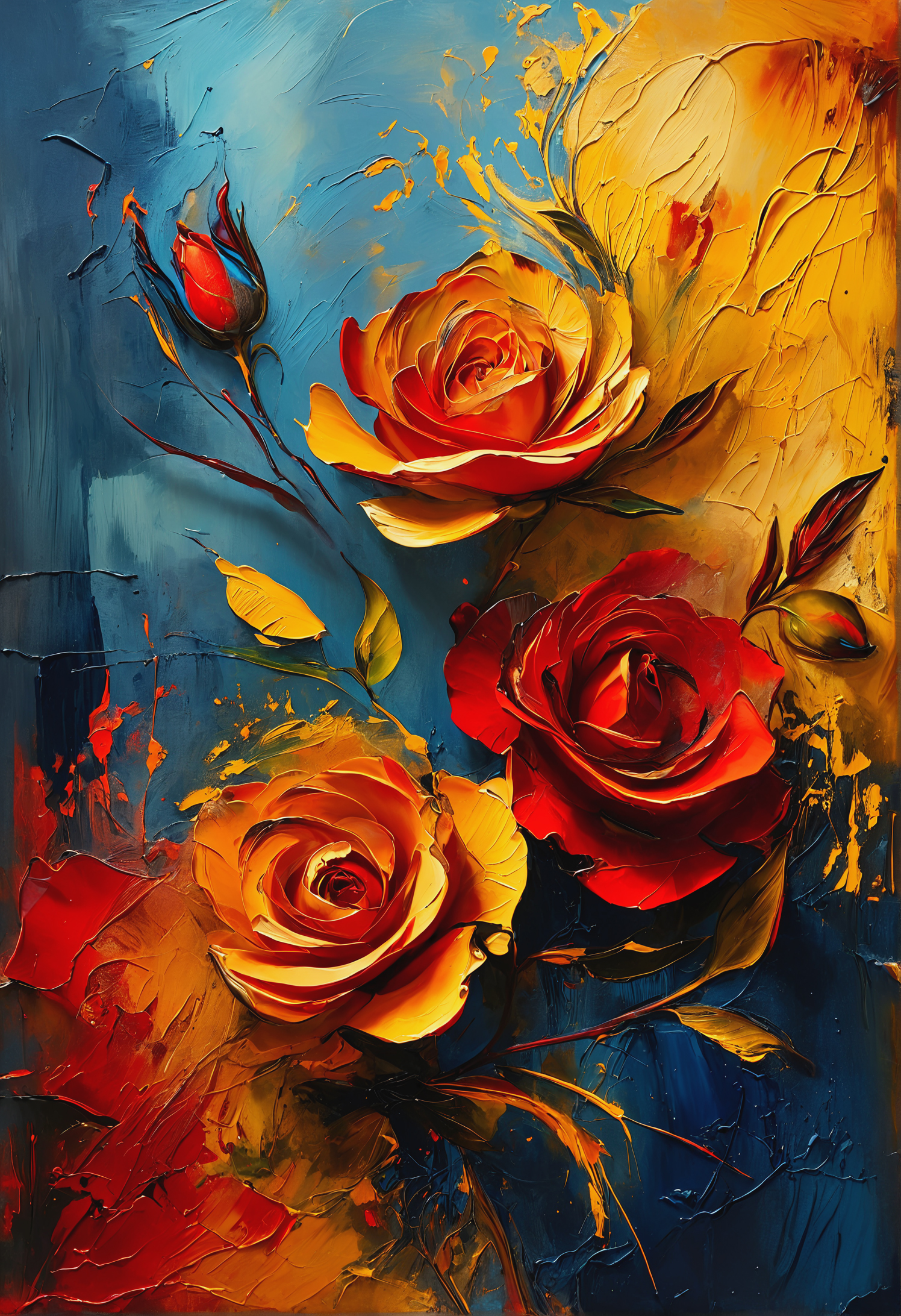 Abstract painting in boho style, beige and dark blue canvas, intense red and golden yellow highlights creating smoky undefined corners, faded oil paints with visible reliefs, central red rose branch meticulously drawn across the canvas, satin textures, evoking Degas’s mural techniques, ultra HD, vivid colors, UHD drawing, pen and ink techniques, perfect composition, octane render, trending on ArtStation, 8k resolution, photorealistic
