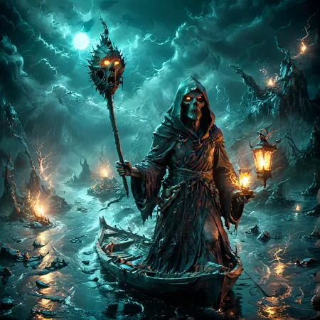 Gloomy Charon with an oar sails in a boat through the dark river Styx, long robe, hood, (night), a lantern on Charon's oar lights the way, gloomy bloody highlights, rocky dark shores, stormy sky, gloomy horror, streaks of light, surreal, dreamy, ghosting effect, octane render, cinema 4d, ultra detailed, masterpiece, concept art, trending on artstation, high detail, dramatic, GLOWNEON, GLOWING, SPARKS
 <lora:xl_more_art-full_v1:1>
 <lora:glowneon_xl_v1:0.3>