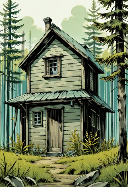 yshinkawa, anime, highly-detailed, best quality, masterpiece, newest, very aesthetic, scenery, house, trees, grass